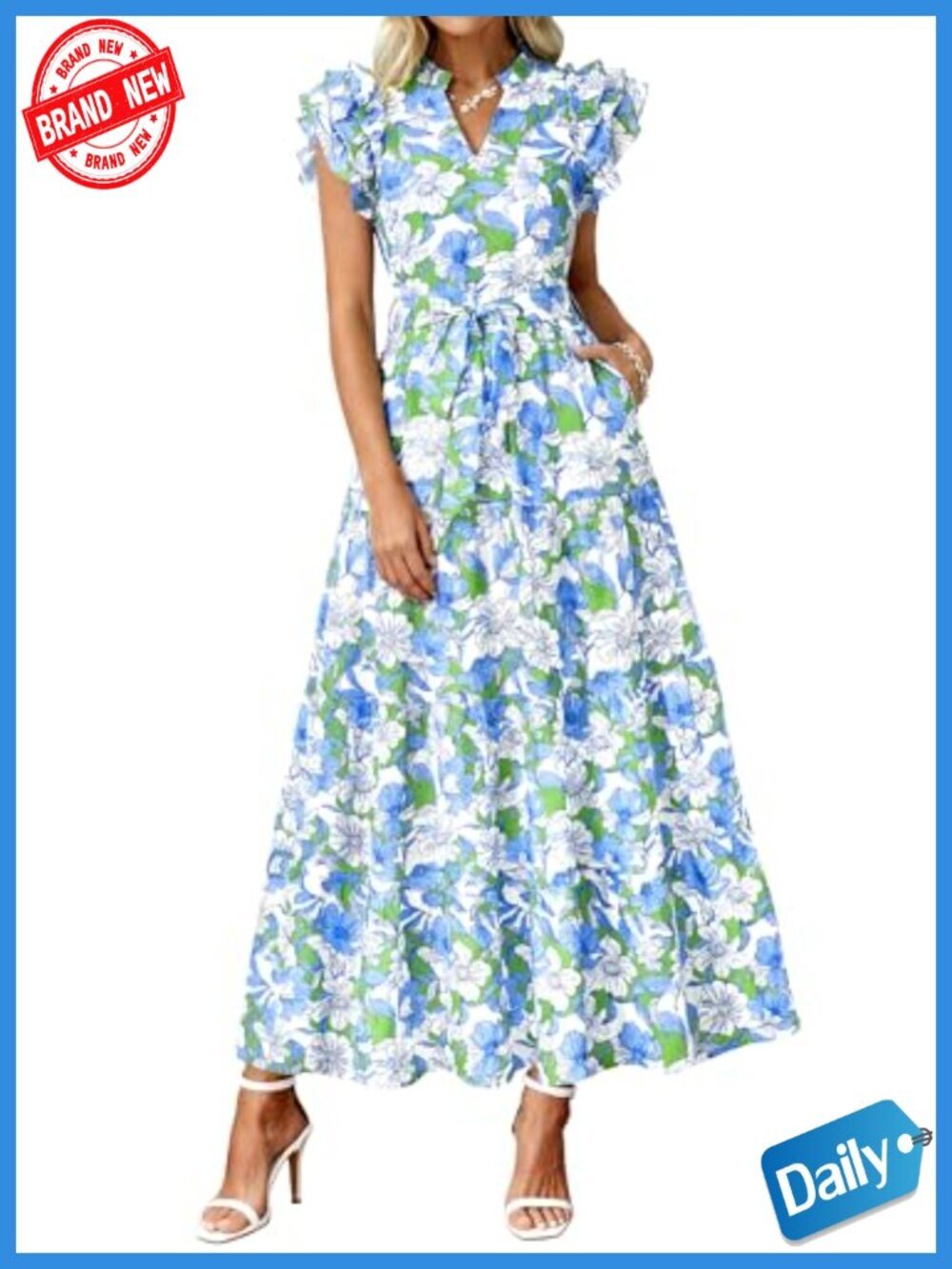 Women Maxi Dress Ruffle V Neck Floral Boho Belted Tiered Sundress with Pockets